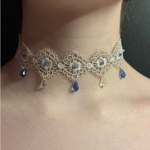 Silver Metallic Lace Choker with Blue and Clear Crystals